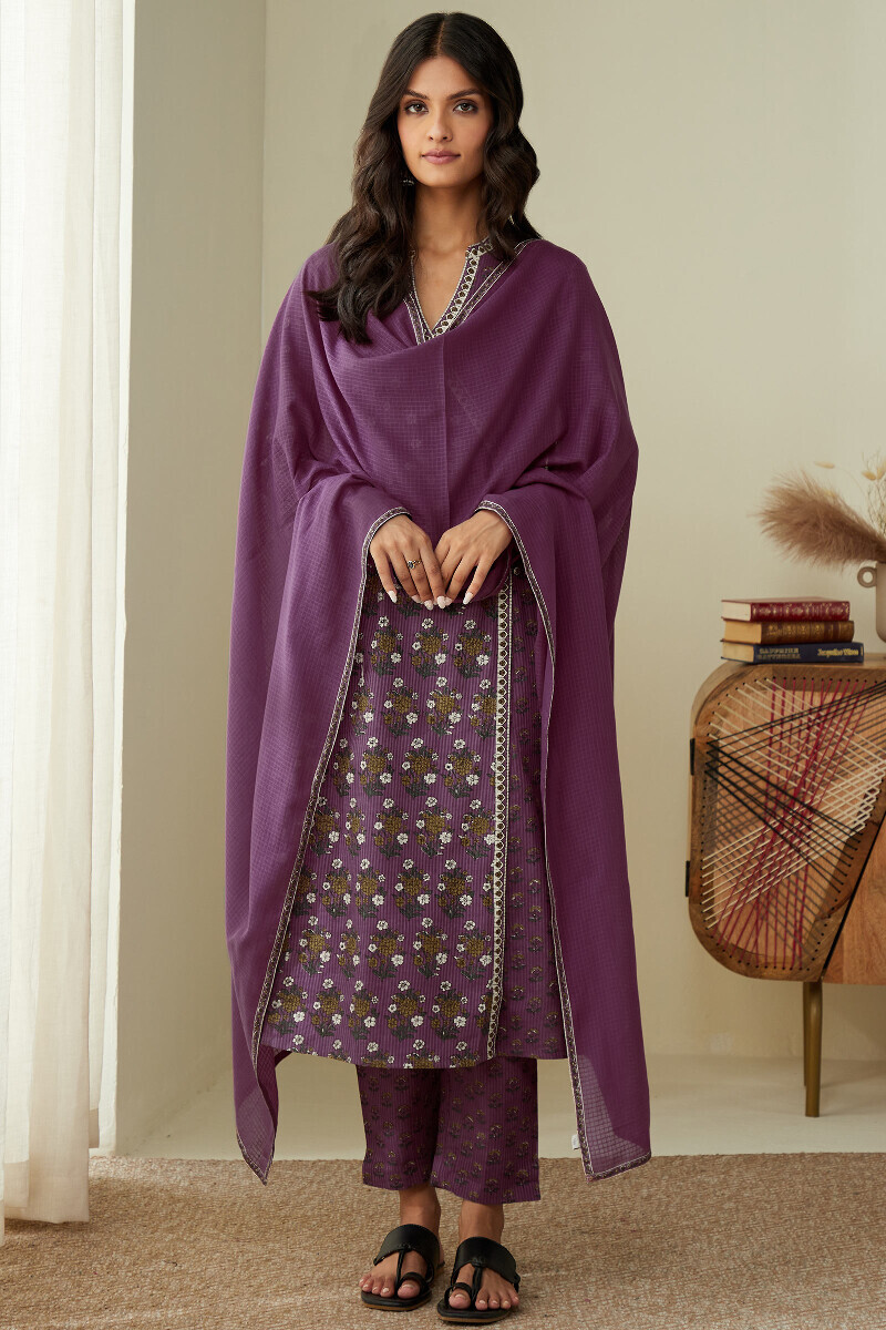 Purple Hand Printed Angrakha Cotton Dobby Kurta