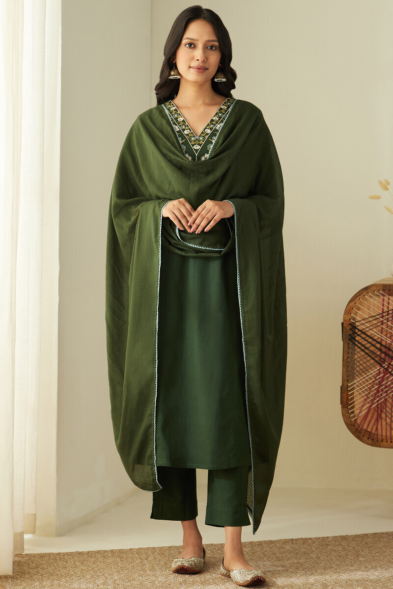 Green Handcrafted Straight Cotton Flax Kurta