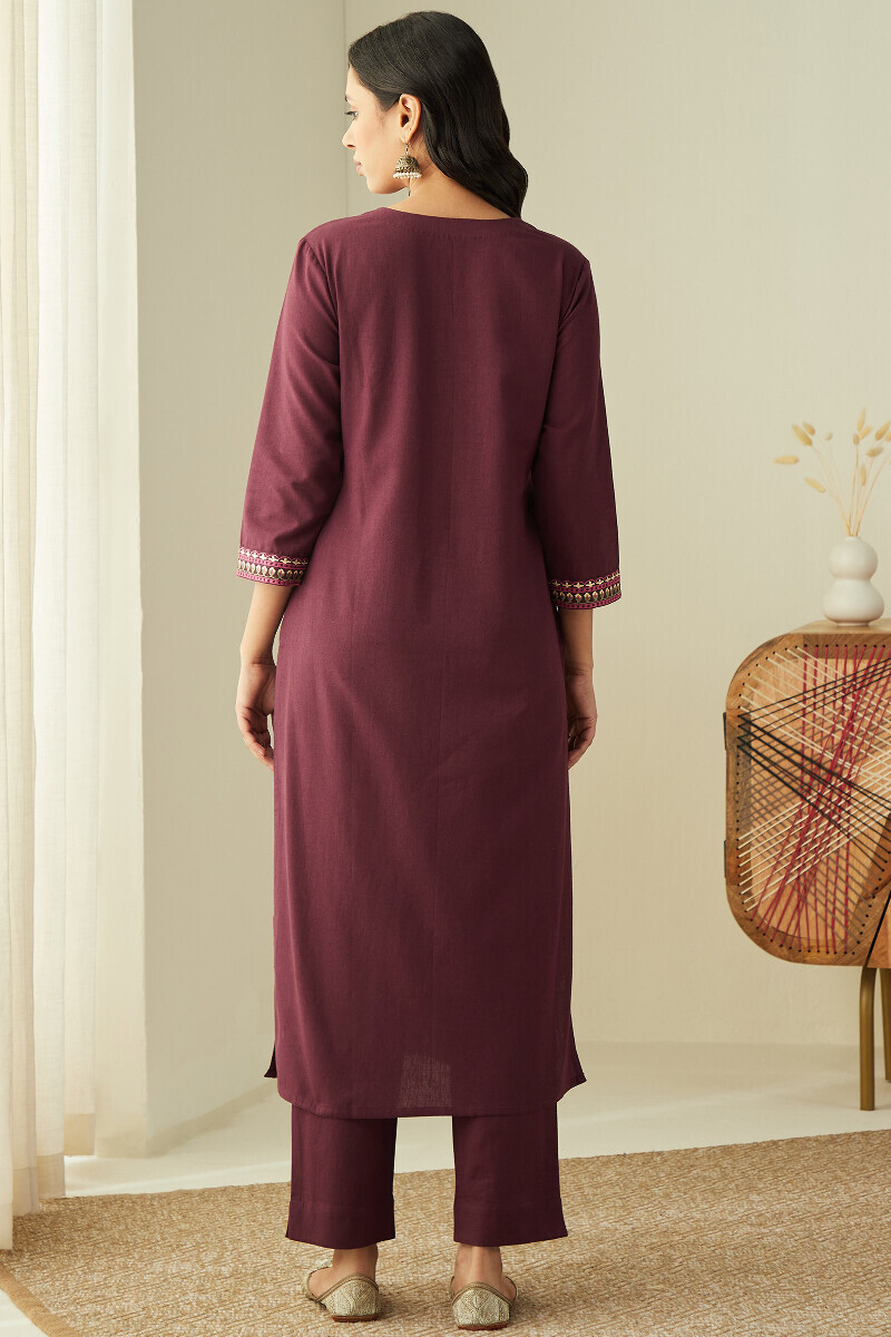 Purple Handcrafted Straight Cotton Flax Kurta