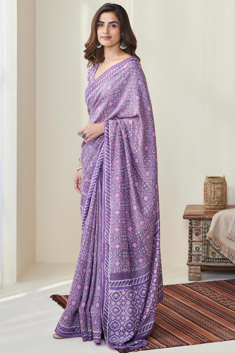 Purple Hand Block Printed Cotton Silk Saree