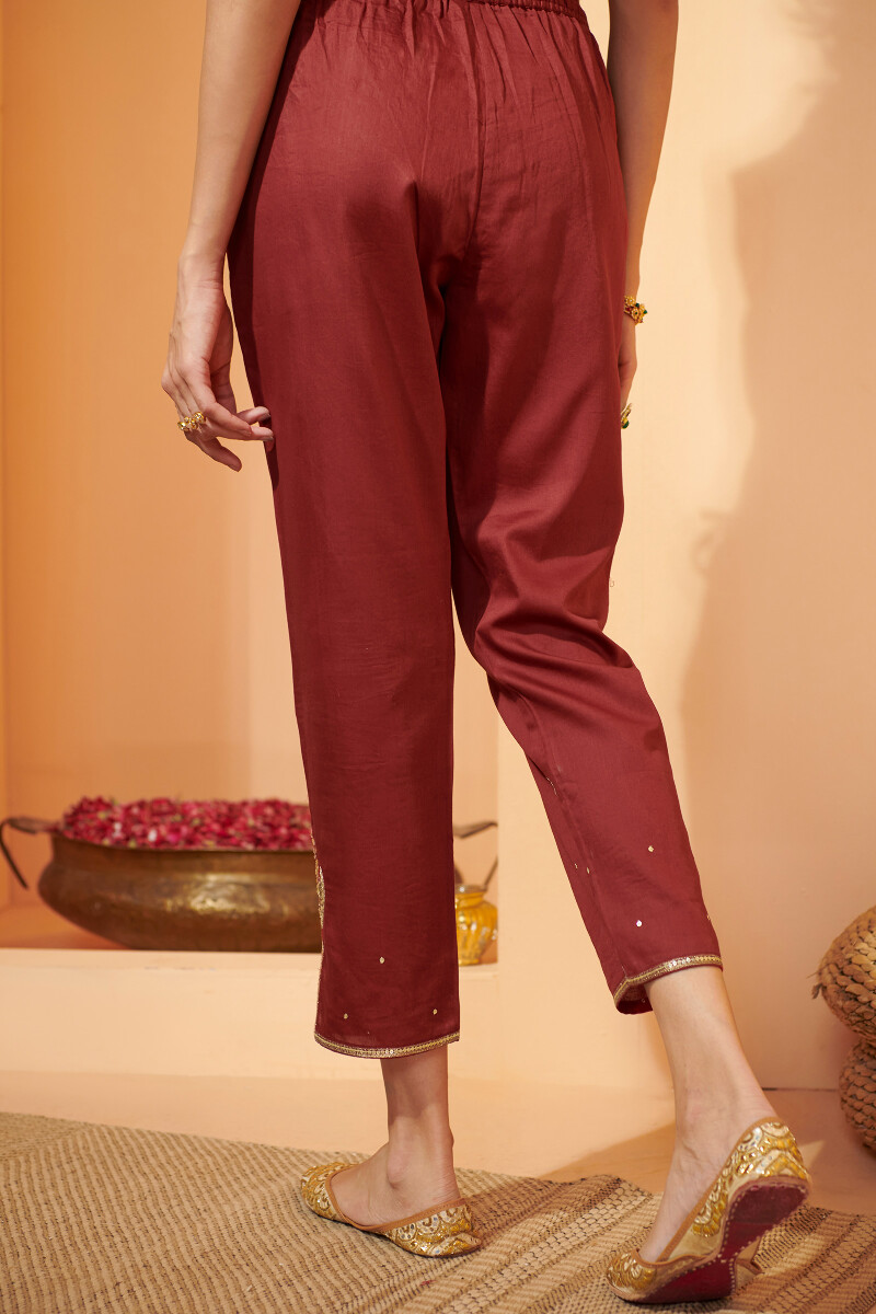 Red Handcrafted Vegan Silk Narrow Pants