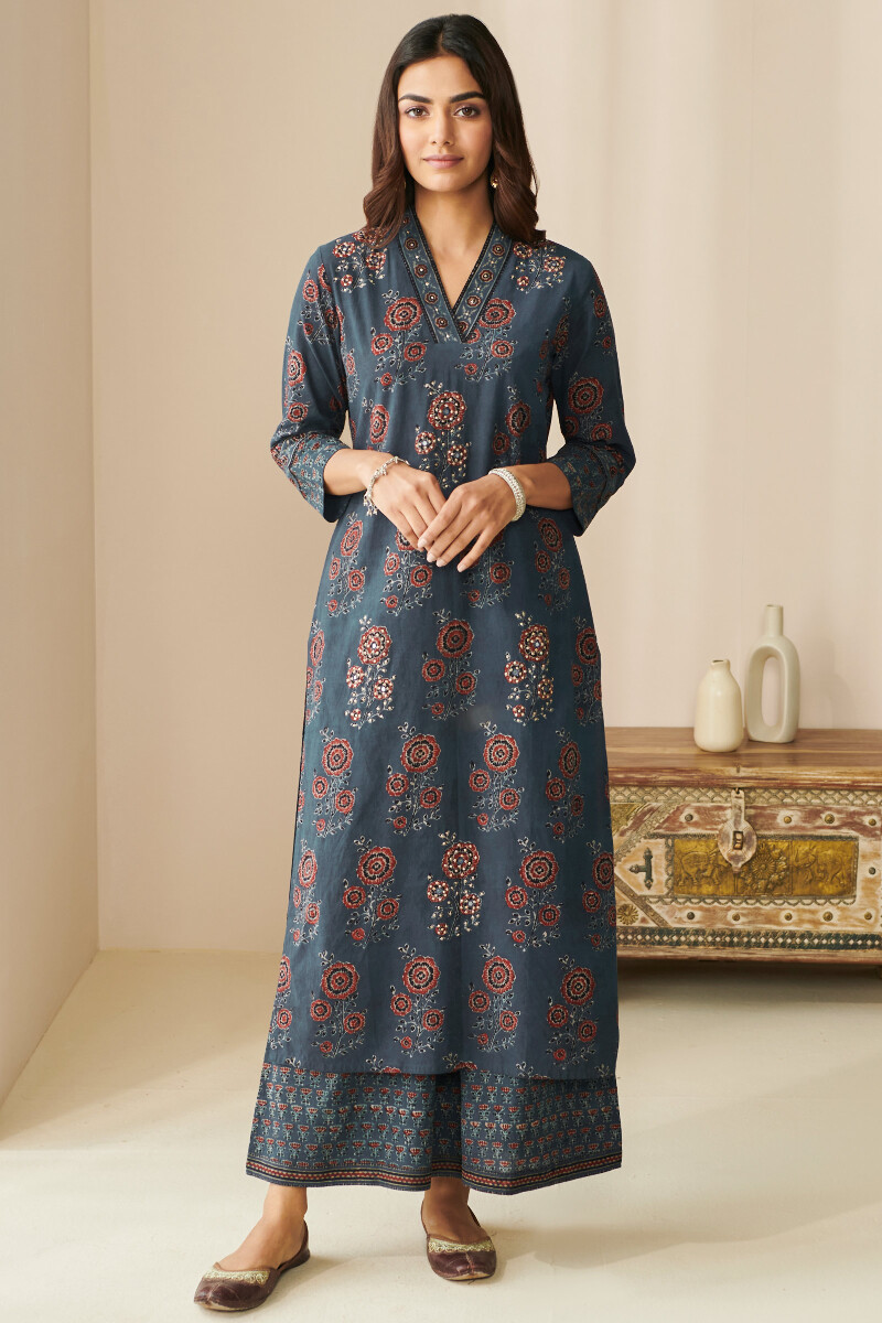 Indigo Hand Block Printed Straight Cotton Kurta