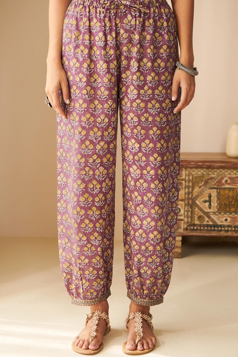 Purple Hand Block Printed Cotton Slub Izhaar Pants