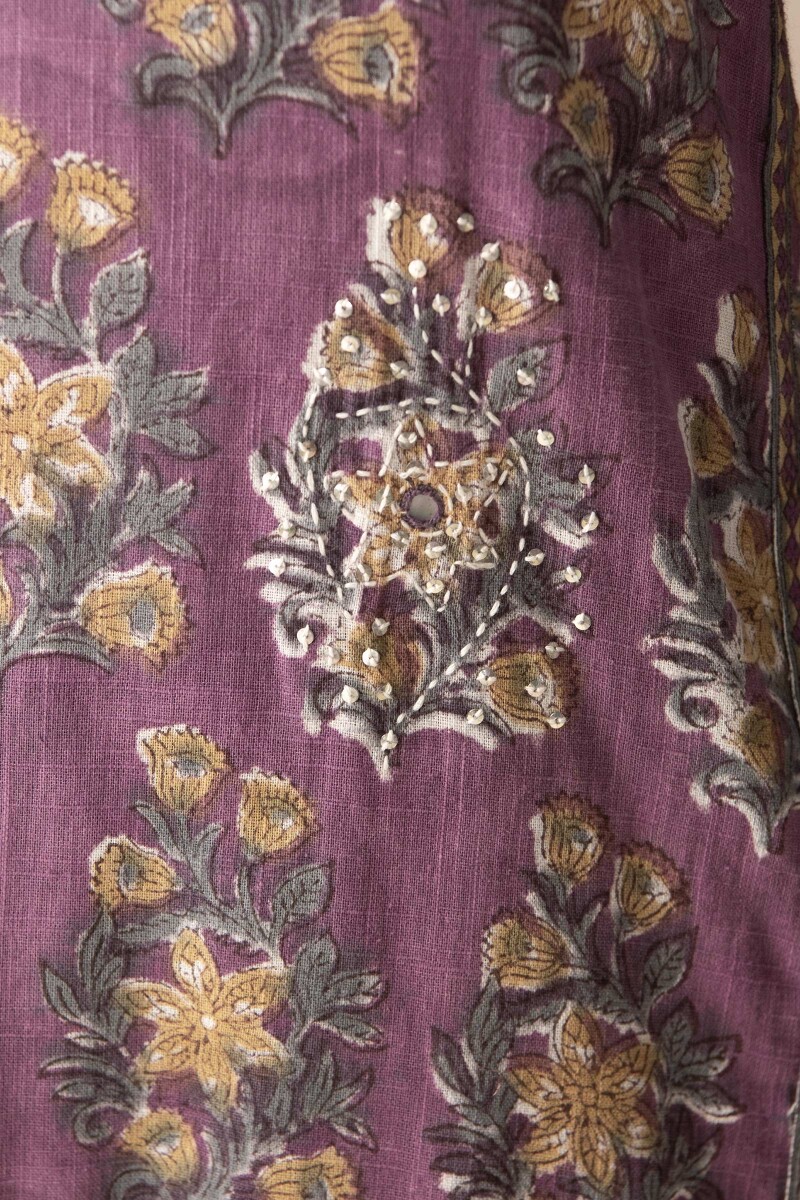 Purple Hand Block Printed Straight Cotton Slub Kurta