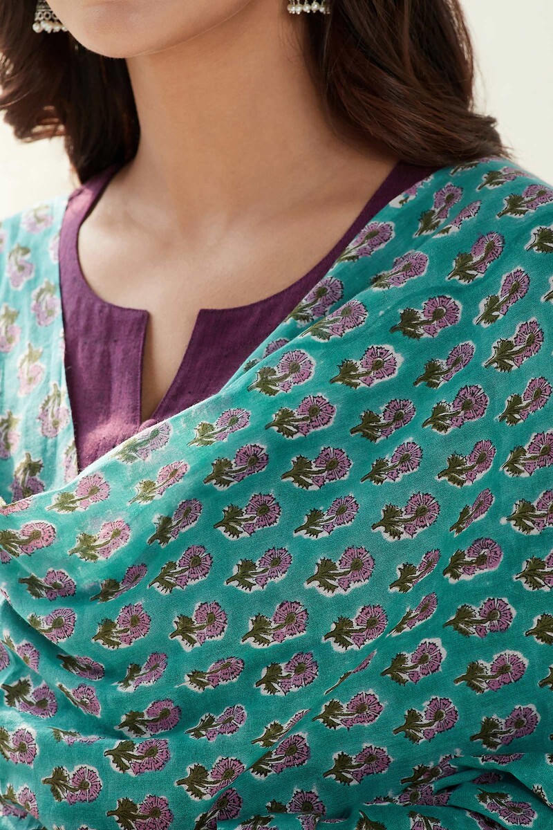 Turquoise Hand Block Printed Cotton Mul Dupatta