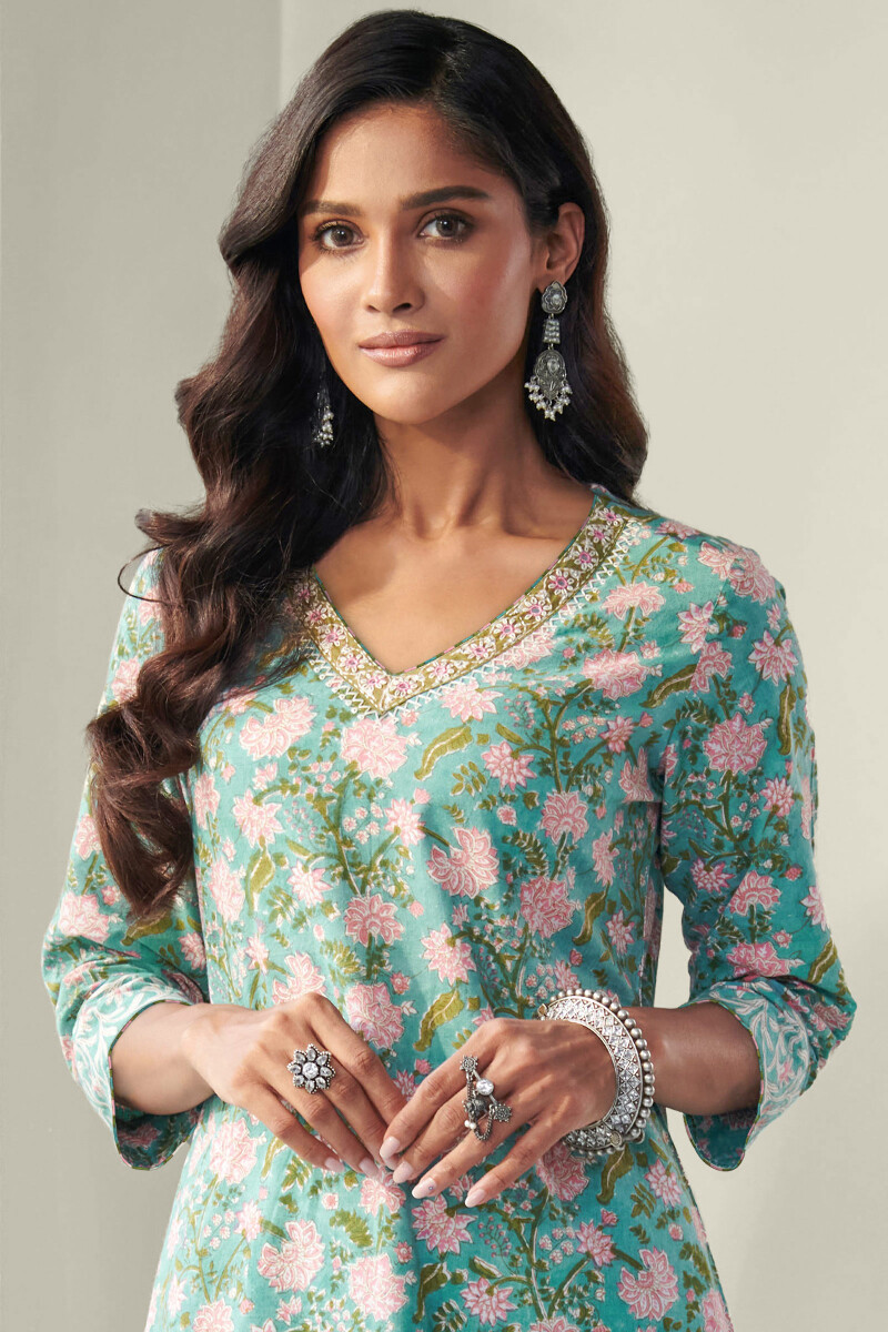 Blue Hand Block Printed Straight Cotton Kurta