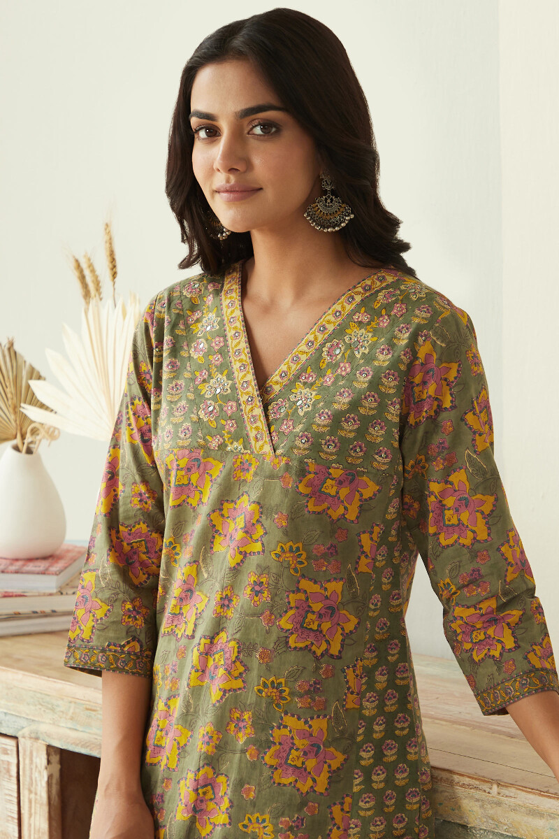 Green Hand Block-Printed Straight Cotton Kurta