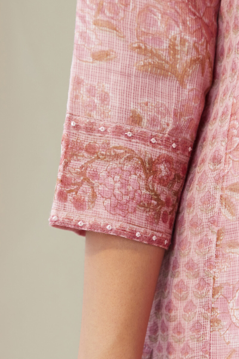 Pink Hand Block-Printed Straight Kota Kurta