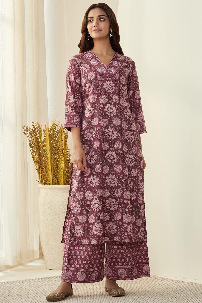 Purple Hand Block-Printed Straight Cotton Kurta