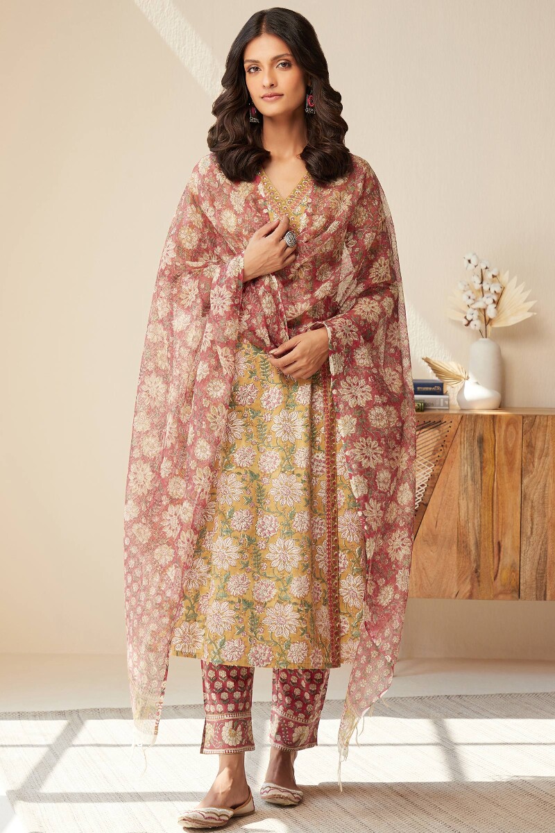 Yellow Hand Block-Printed Angrakha Cotton Kurta