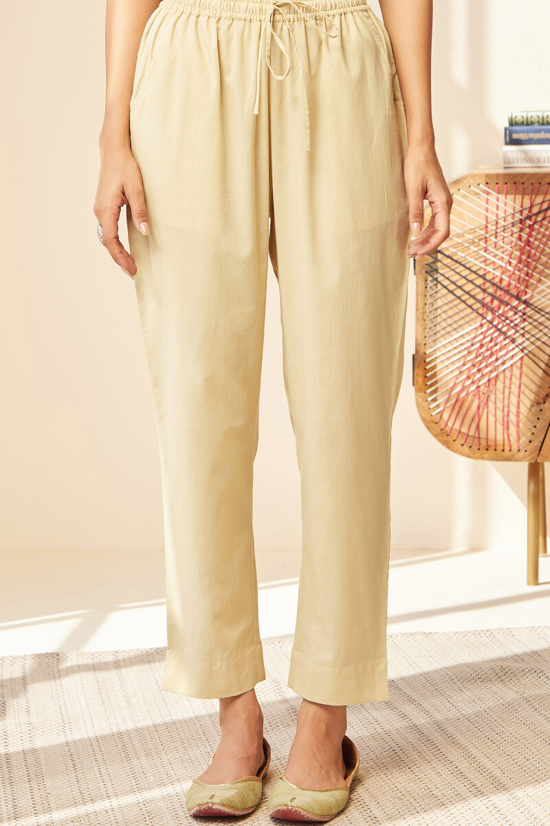 Beige Handcrafted Cotton Narrow Pants