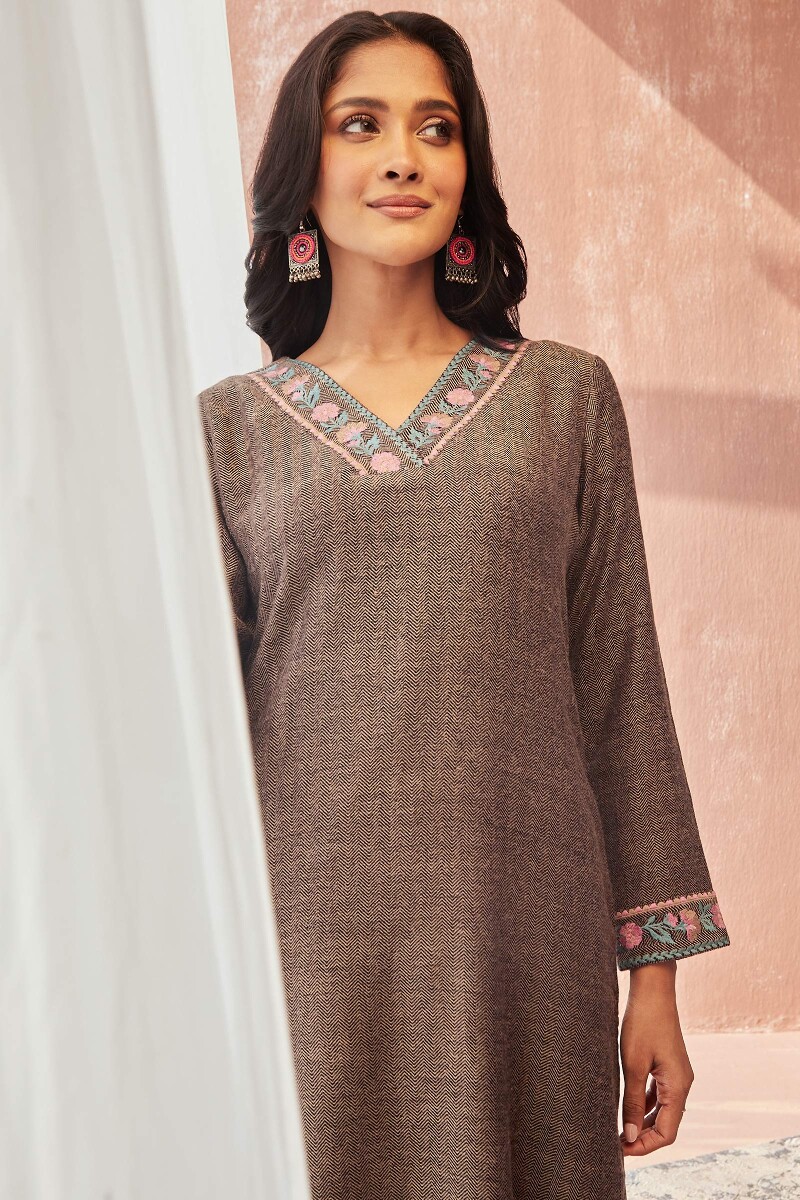 Brown Handcrafted Straight Faux Wool Kurta