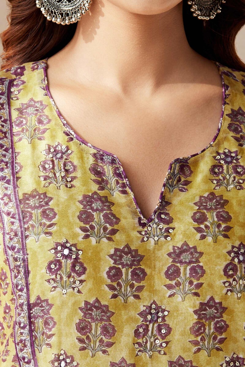 Yellow Hand Block-Printed Straight Chanderi Kurta