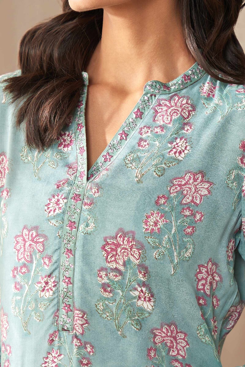 Green Hand Block-Printed Viscose Top