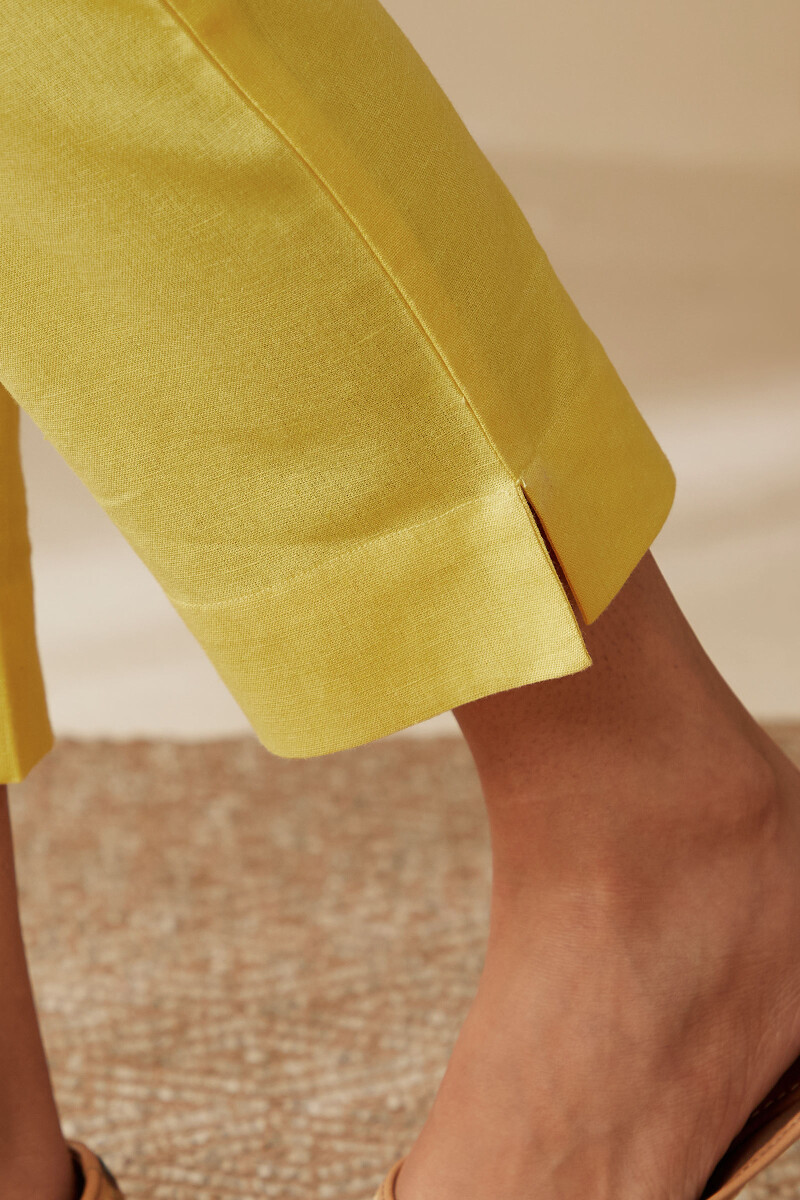 Yellow Handcrafted Cotton Flax Narrow Pants