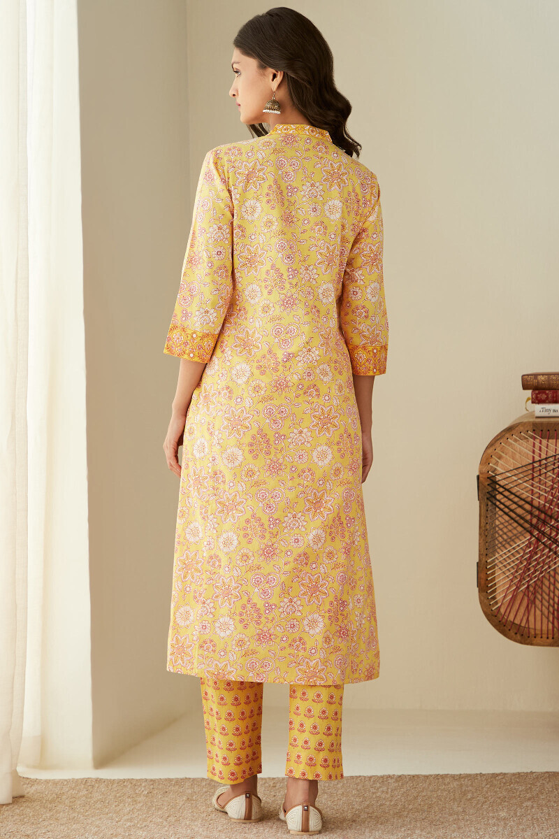 Yellow Hand Printed Straight Cotton Kurta