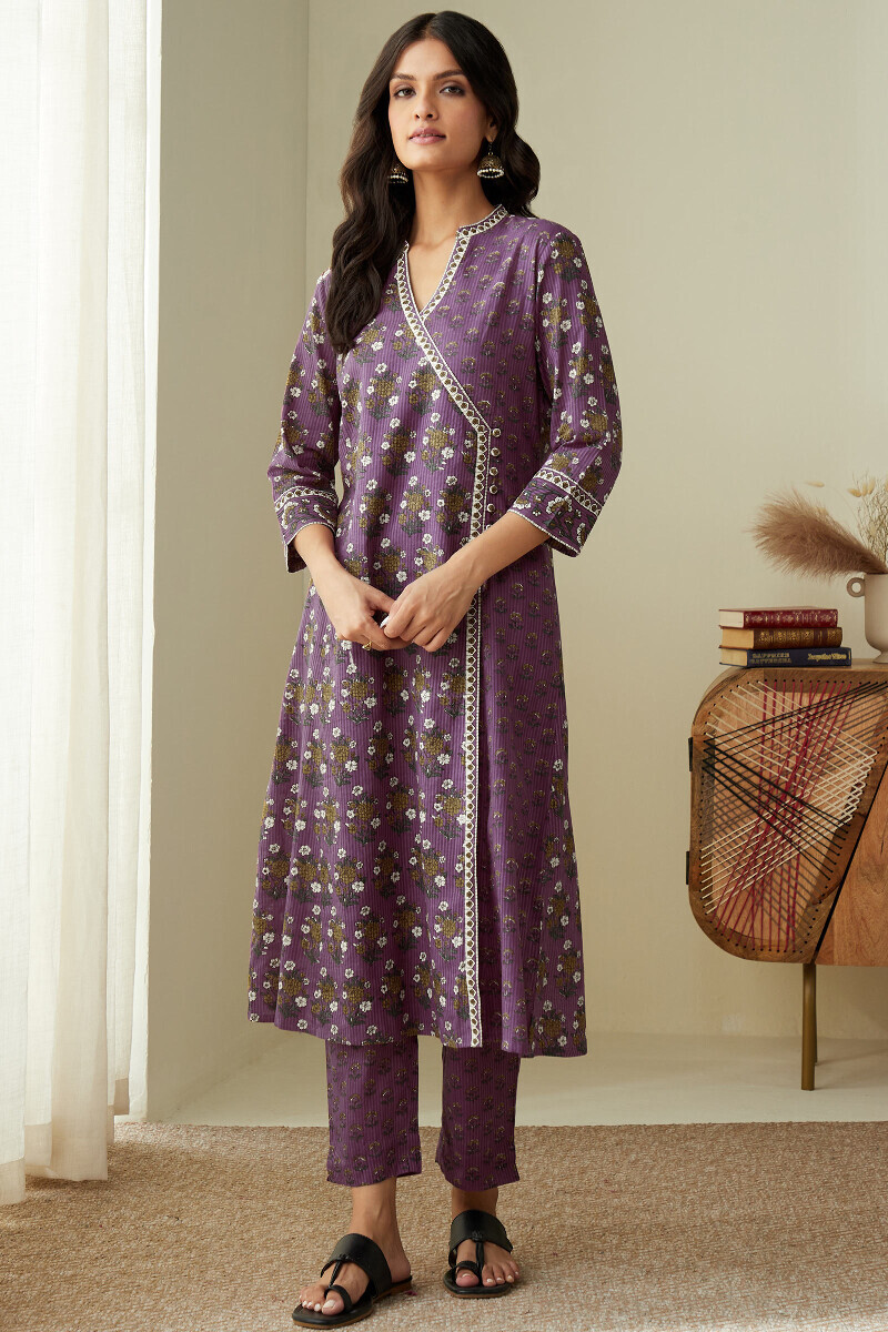 Purple Hand Printed Angrakha Cotton Dobby Kurta