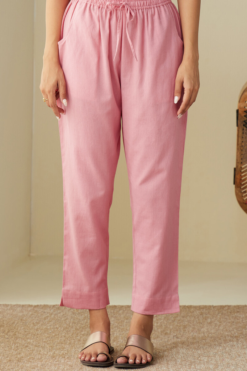 Pink Handcrafted Cotton Flax Narrow Pants