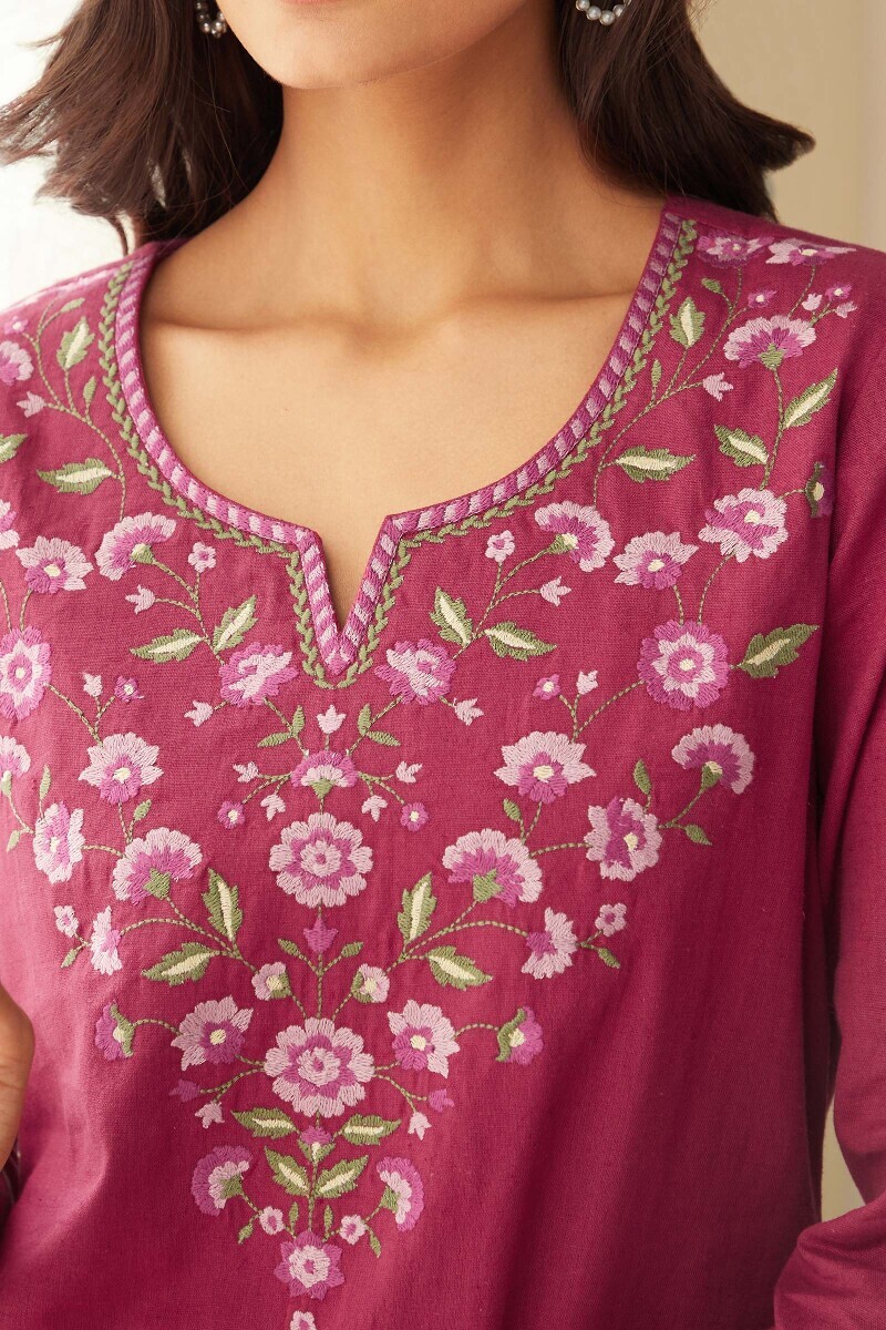 Pink Handcrafted Straight Cotton Flax Kurta