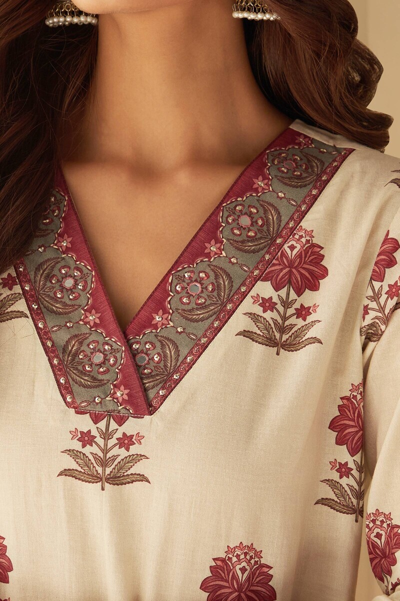 Cream Printed Straight Cotton Kurta