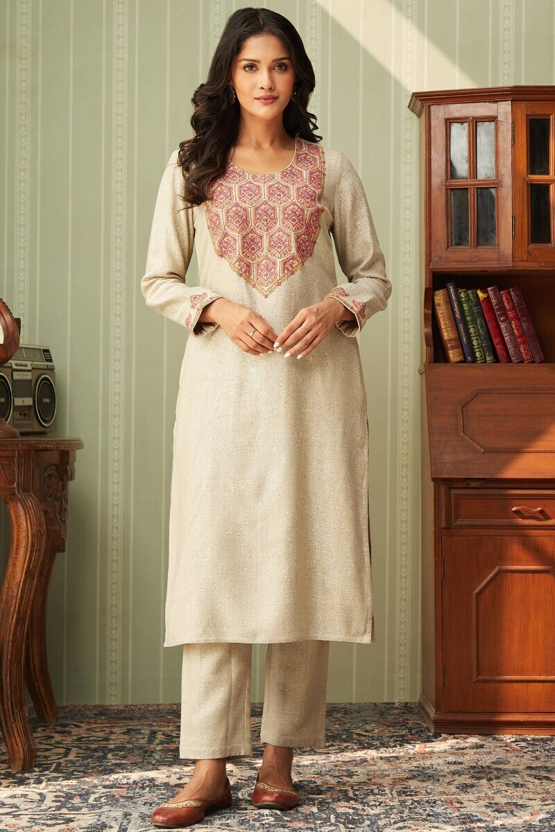 Beige Handcrafted Straight Faux Wool Kurta