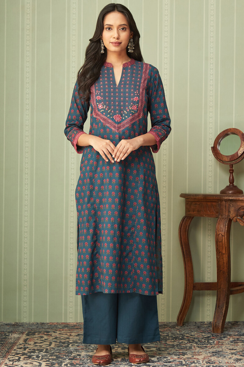 Blue Printed Straight Cotton Kurta