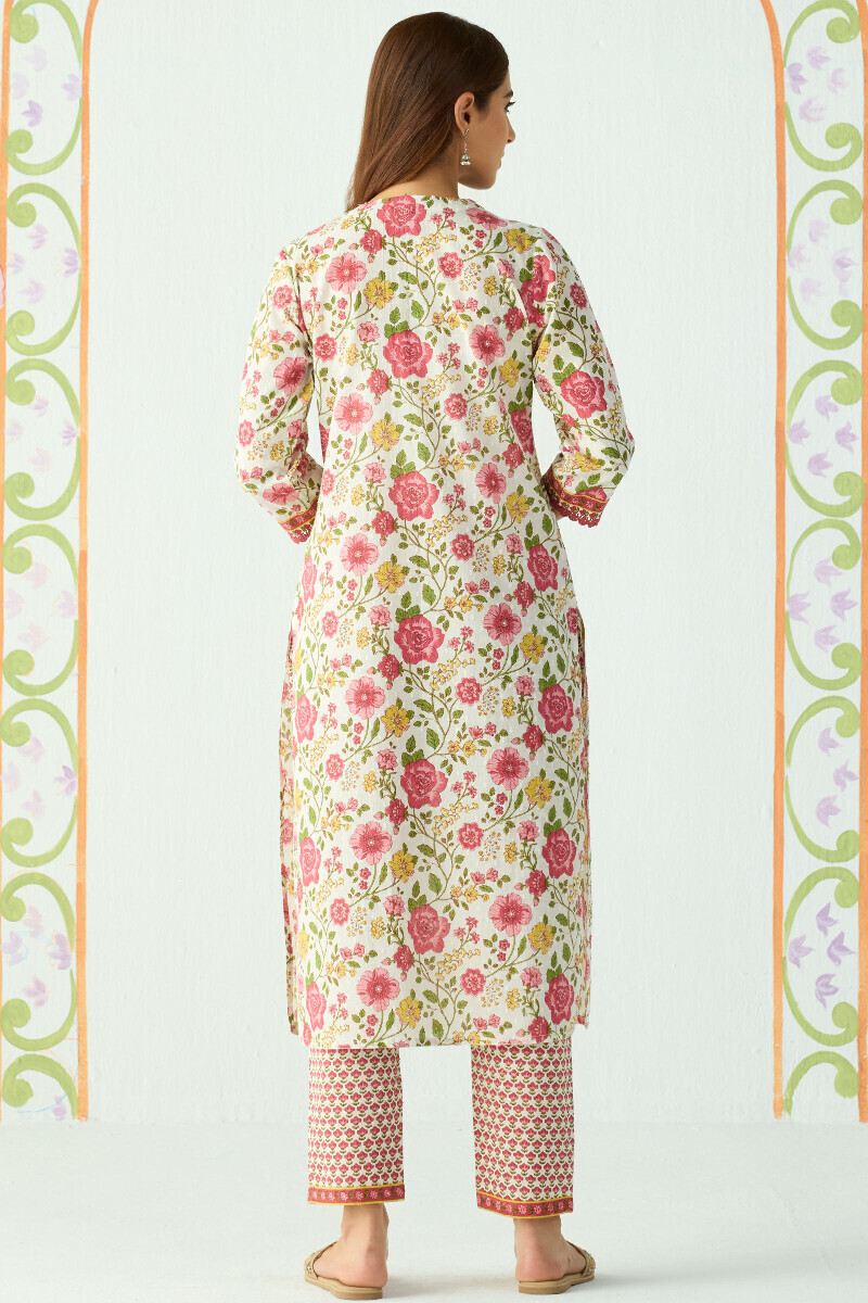White Hand Printed Straight Cotton Dobby Kurta