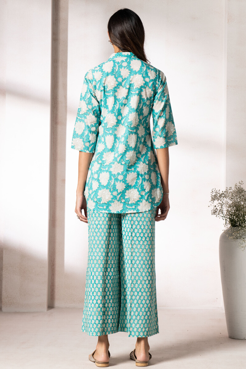 Turquoise Block Printed Cotton Pyjama Set