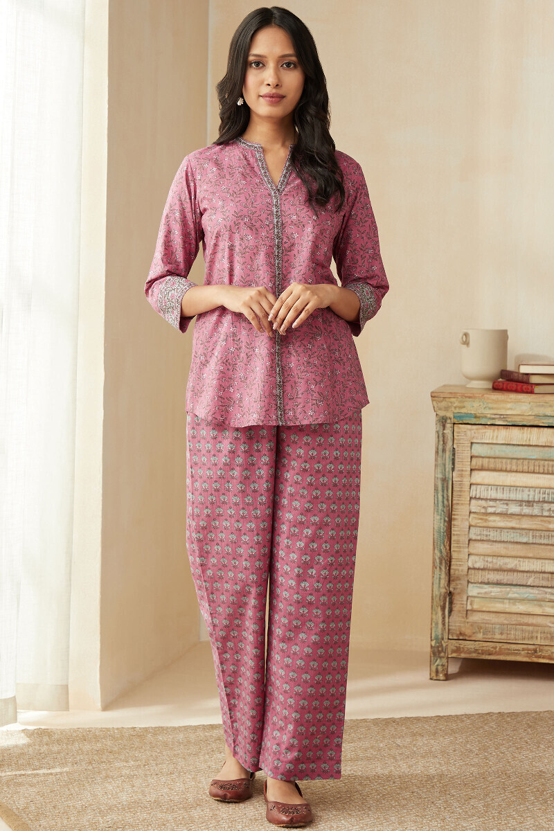 Pink Hand Printed Cotton Loungewear Set