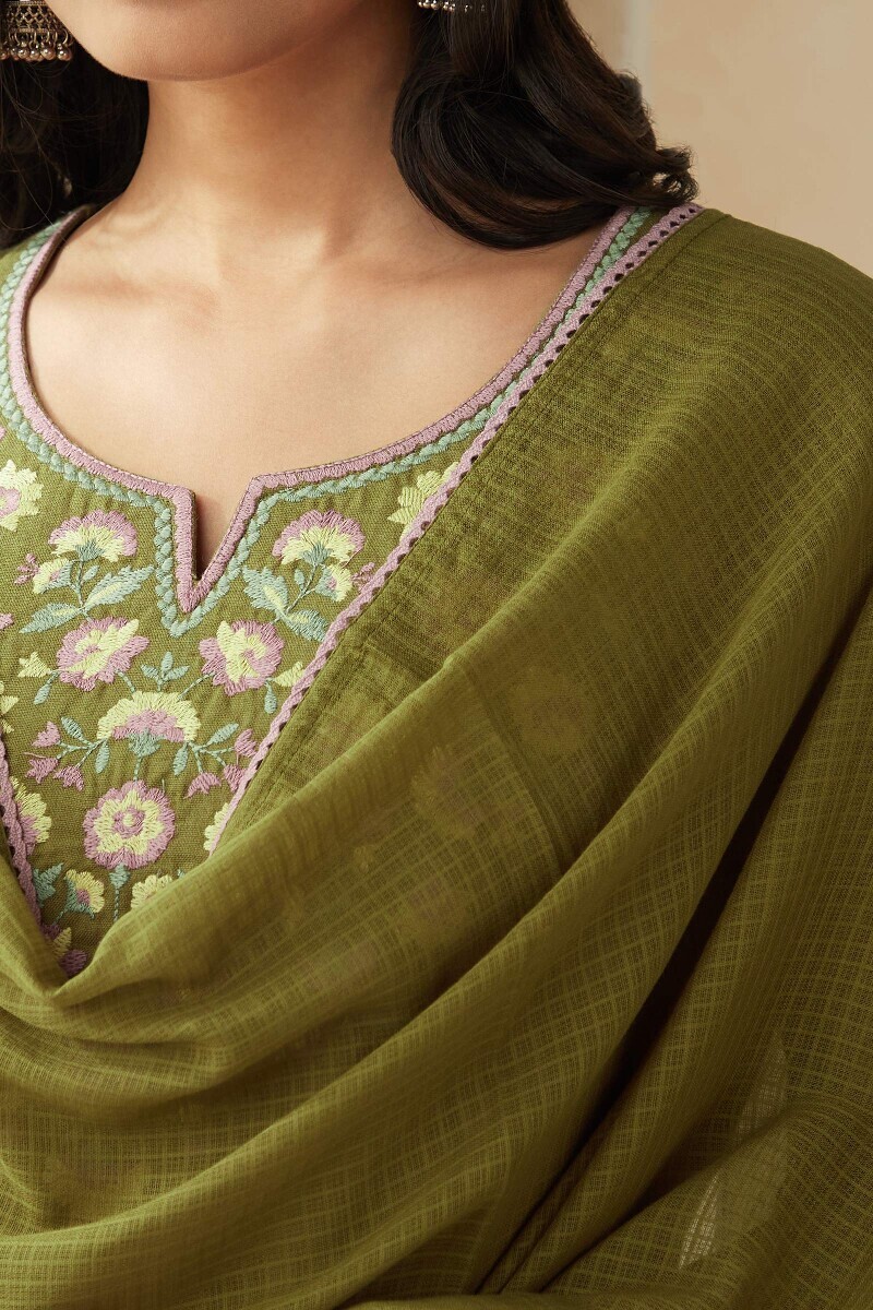 Olive Green Handcrafted Kota Dupatta