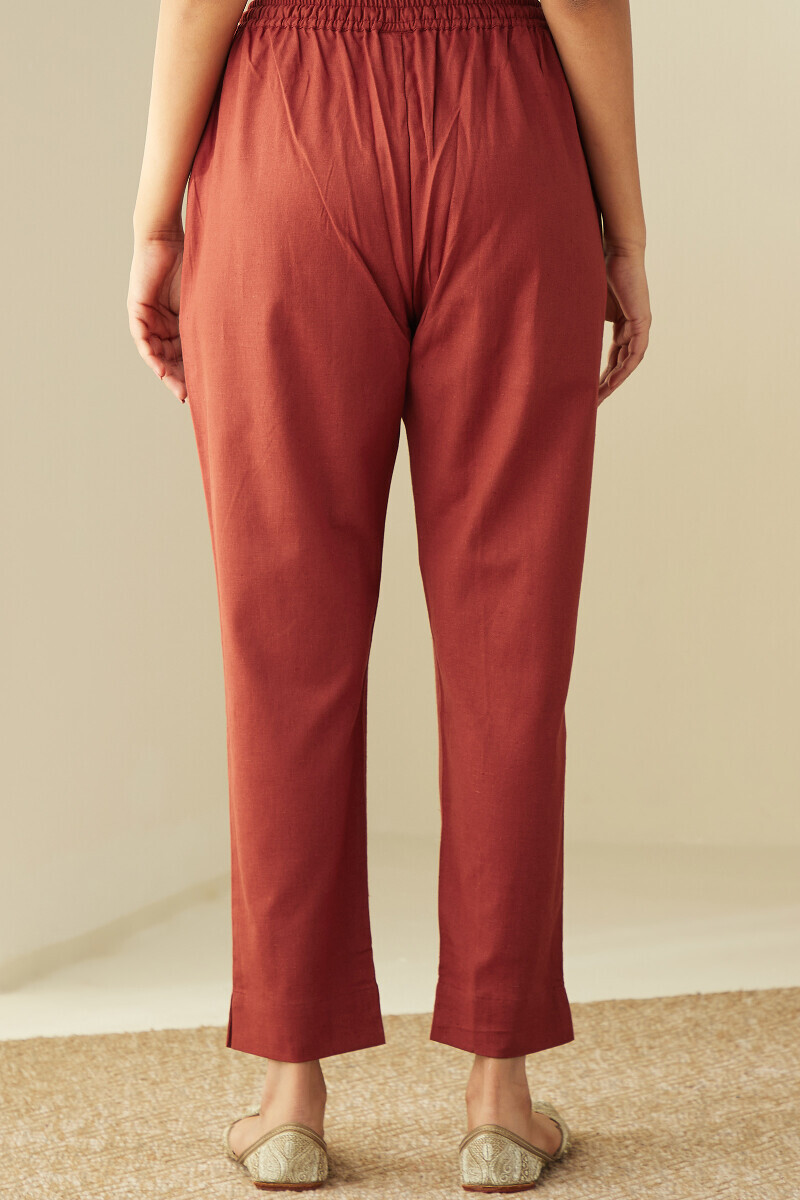 Red Handcrafted Cotton Flax Narrow Pants