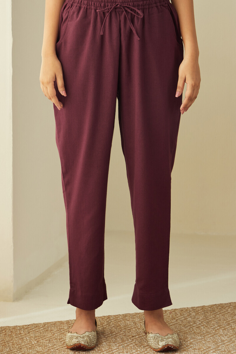 Purple Handcrafted Cotton Flax Narrow Pants