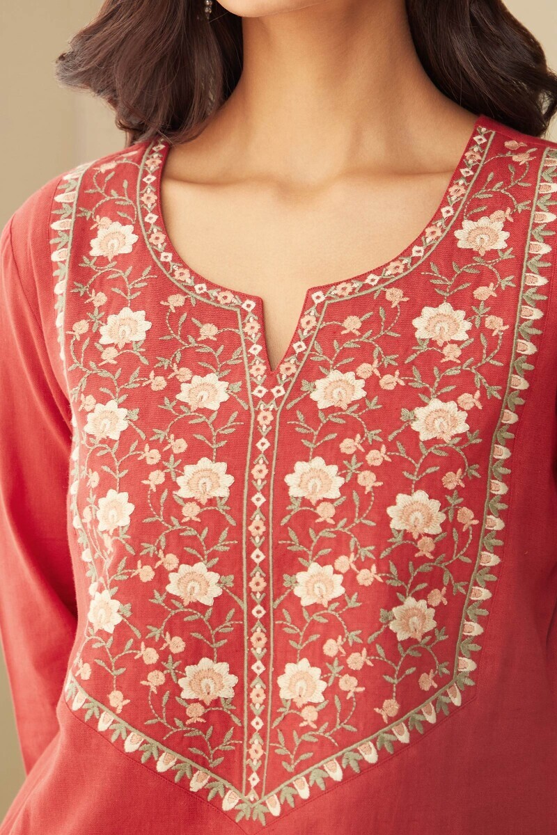 Red Handcrafted Straight Cotton Flax Kurta