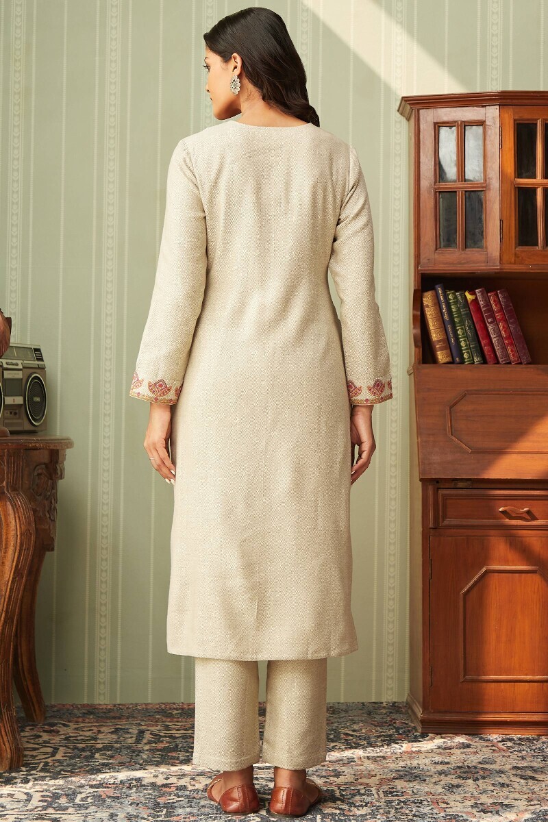 Beige Handcrafted Straight Faux Wool Kurta