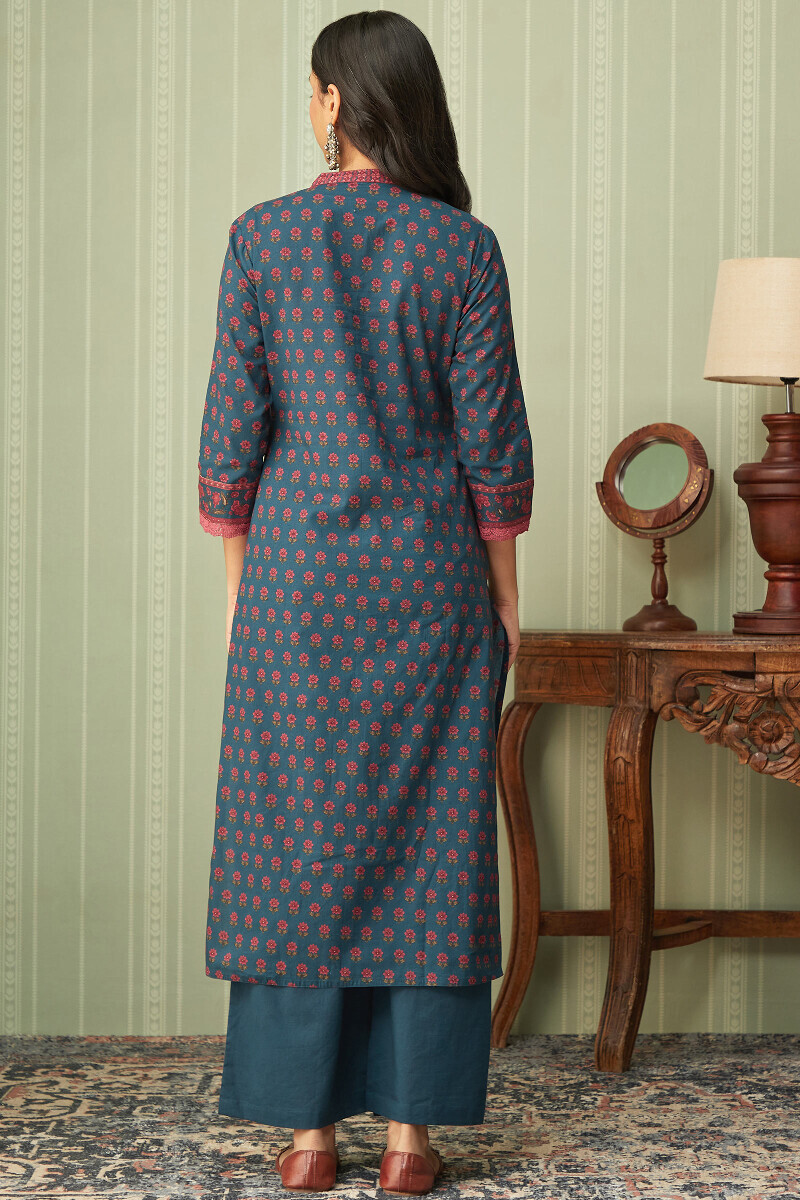 Blue Printed Straight Cotton Kurta