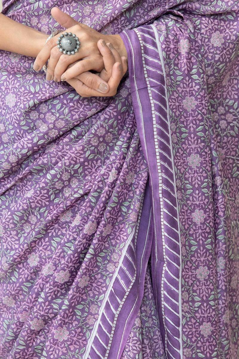 Purple Hand Block Printed Cotton Silk Saree