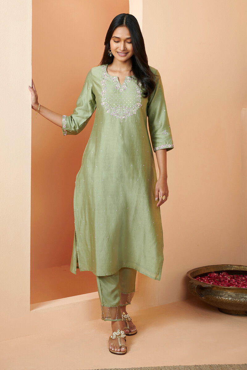 Green Handcrafted Straight Chanderi Kurta