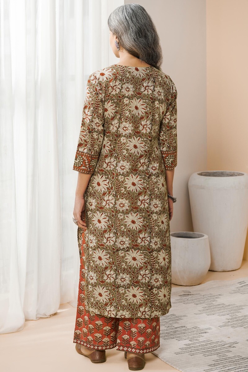 Brown Hand Block Printed Straight Cotton Kurta