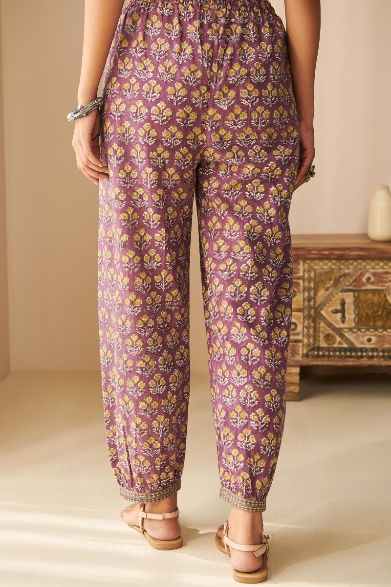 Purple Hand Block Printed Cotton Slub Izhaar Pants