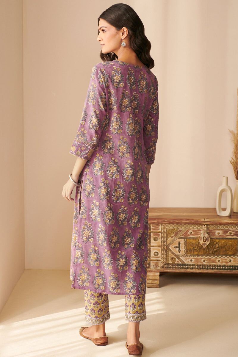 Purple Hand Block Printed Straight Cotton Slub Kurta