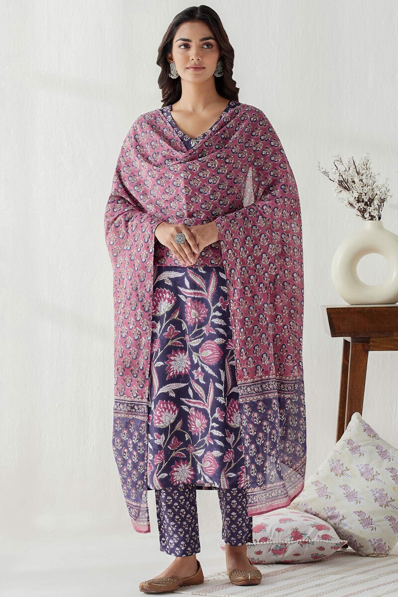 Purple Hand Block Printed Straight Modal Kurta