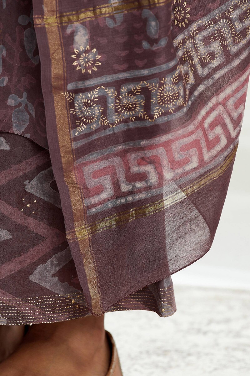 Purple Hand Block Printed Chanderi Dupatta