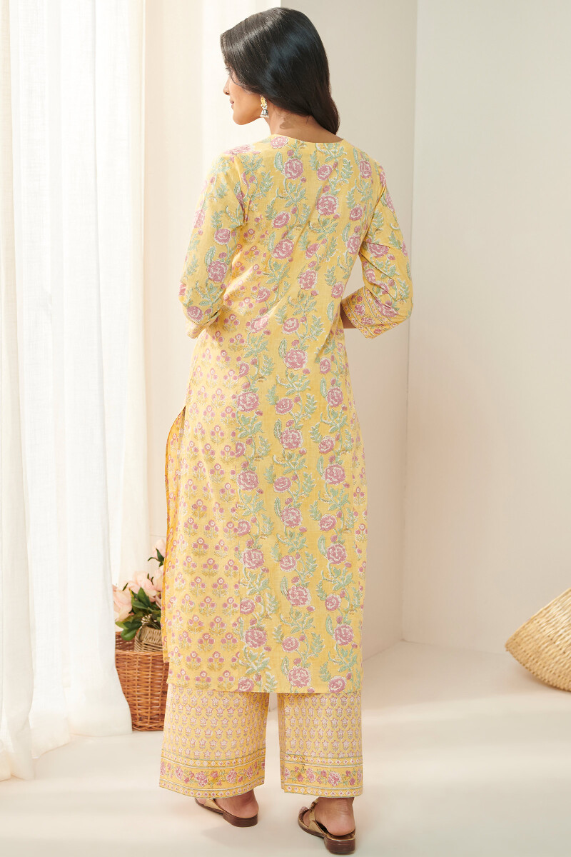 Yellow Hand Block Printed Straight Cotton Slub Kurta