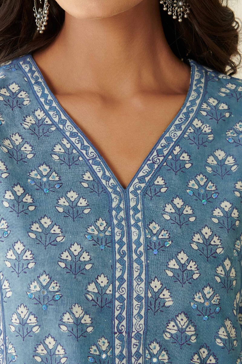 Indigo Hand Block Printed A-Line Cotton Kurta