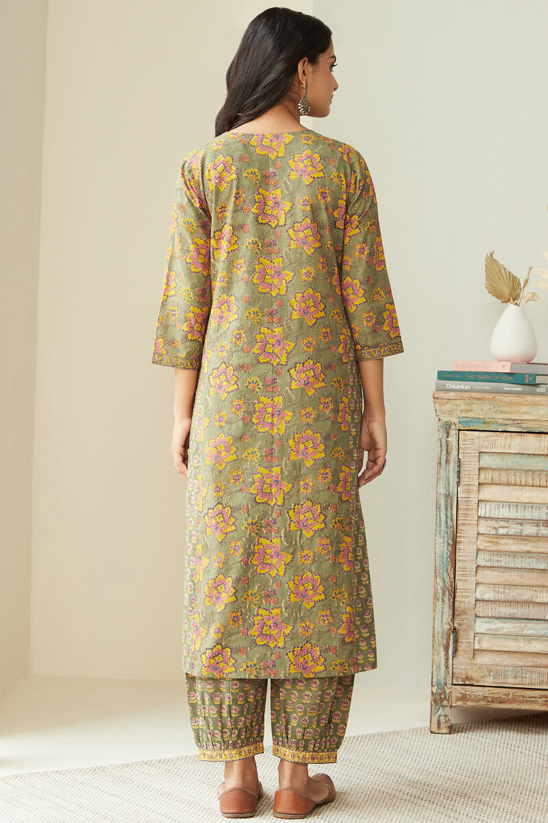 Green Hand Block-Printed Straight Cotton Kurta