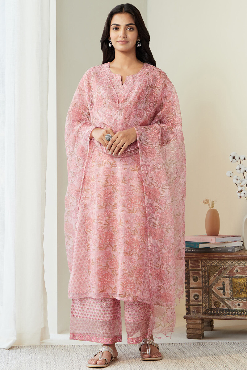 Pink Hand Block-Printed Straight Kota Kurta