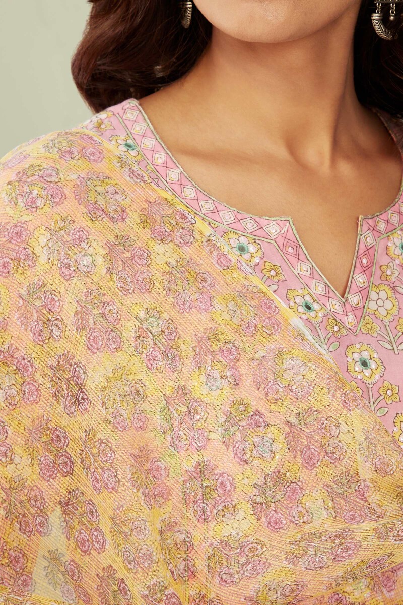 Yellow Hand Block-Printed Kota Dupatta