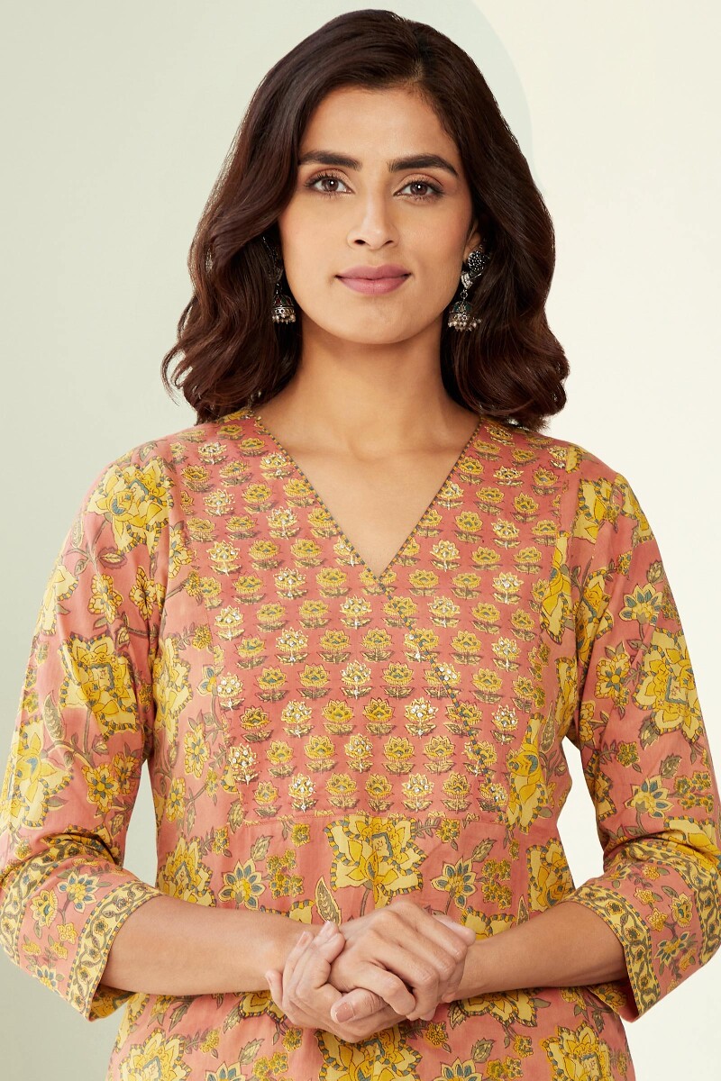 Peach Hand Block-Printed Straight Cotton Kurta