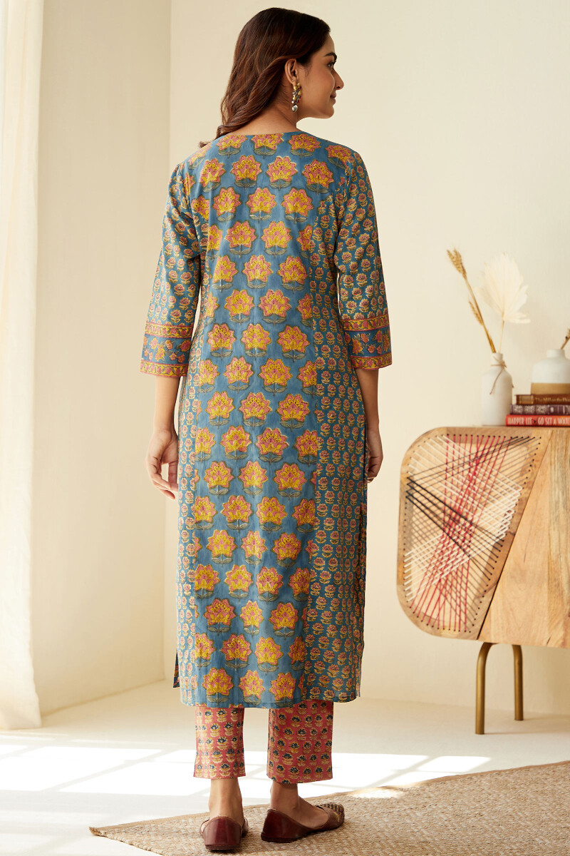 Blue Hand Block-Printed Straight Cotton Kurta