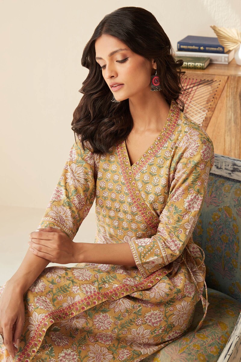 Yellow Hand Block-Printed Angrakha Cotton Kurta